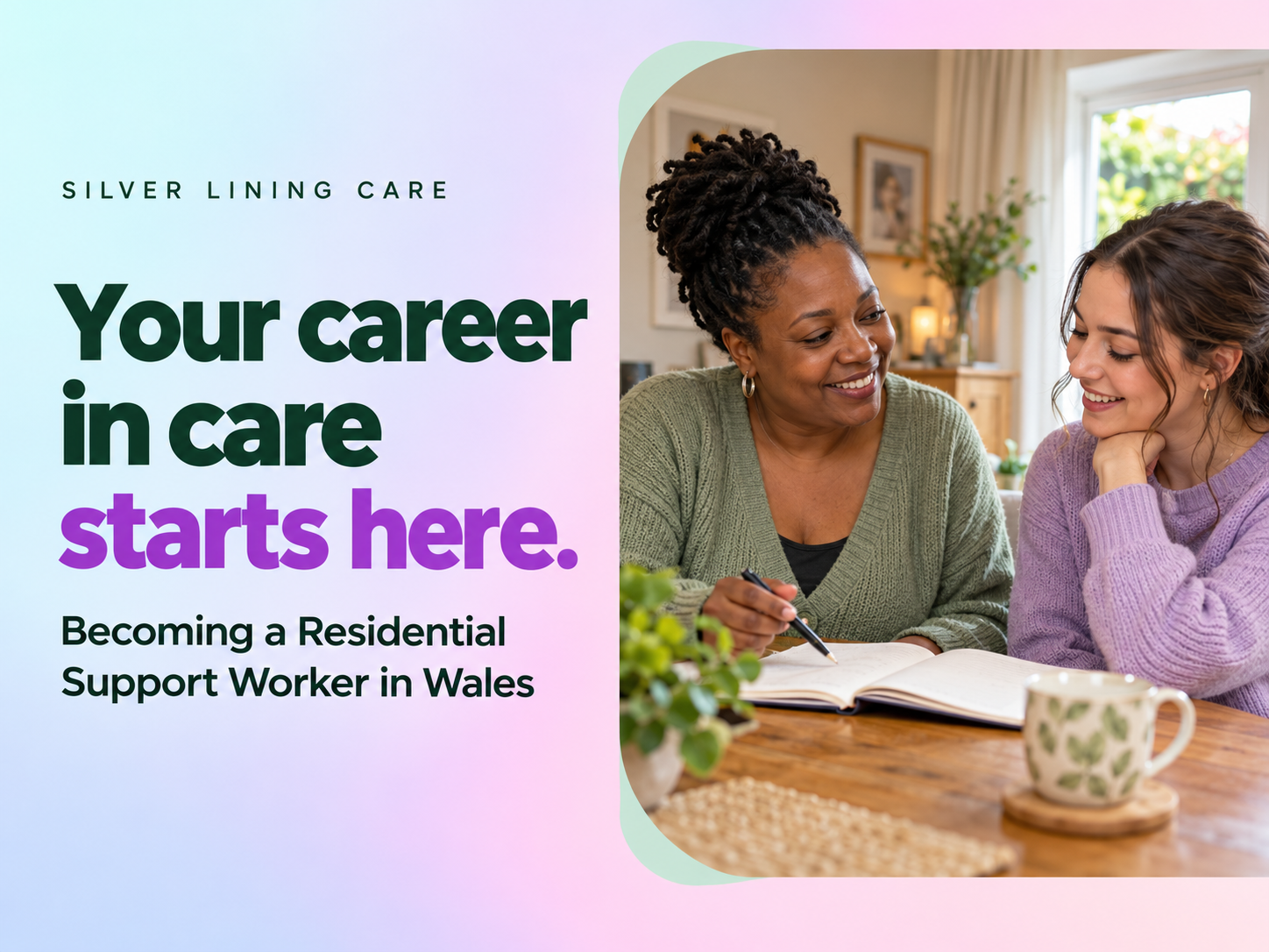 Illustrated careers cover: Your career in care starts here. Two fictional adult colleagues discuss an induction notebook in a home setting, beside a pastel gradient.